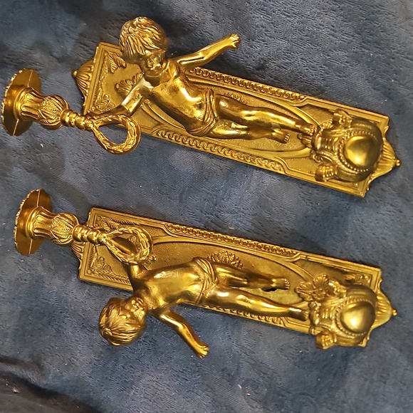 Lancini Italian Antique Brass Cherub Wall Sconce Candle Holders - Picture 4 of 11